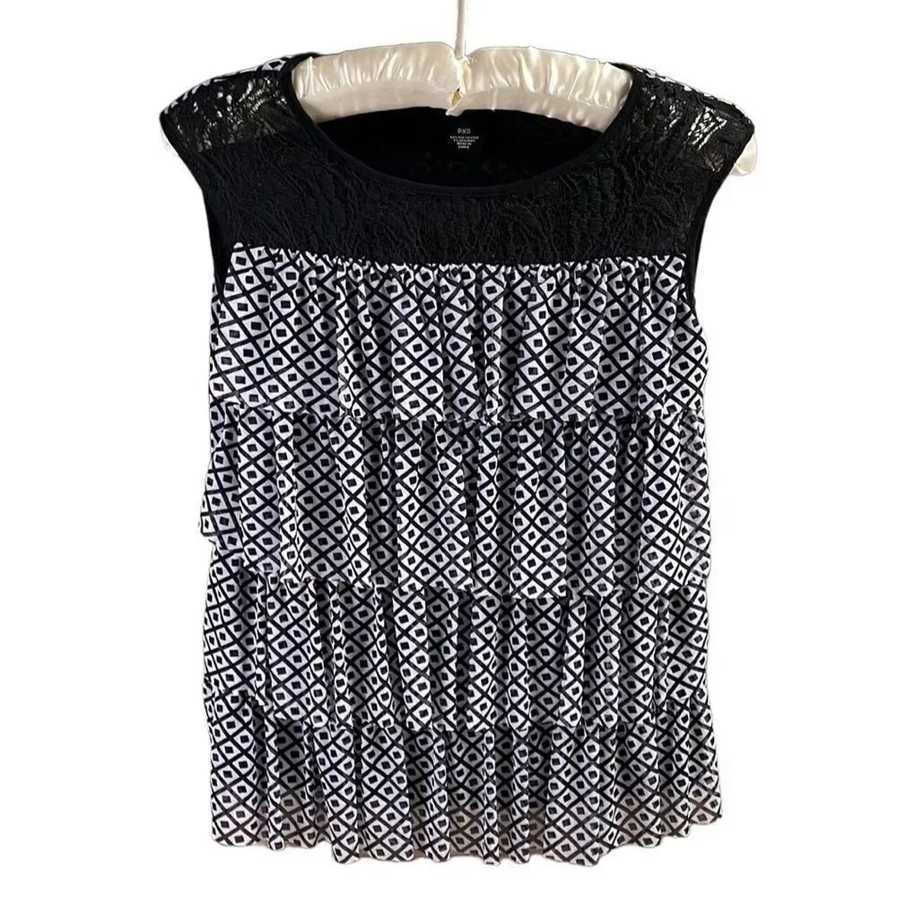 Nue Options Ladies Layered 4 Tiered Flowy Blouse, Size Petite Extra Small, B & W